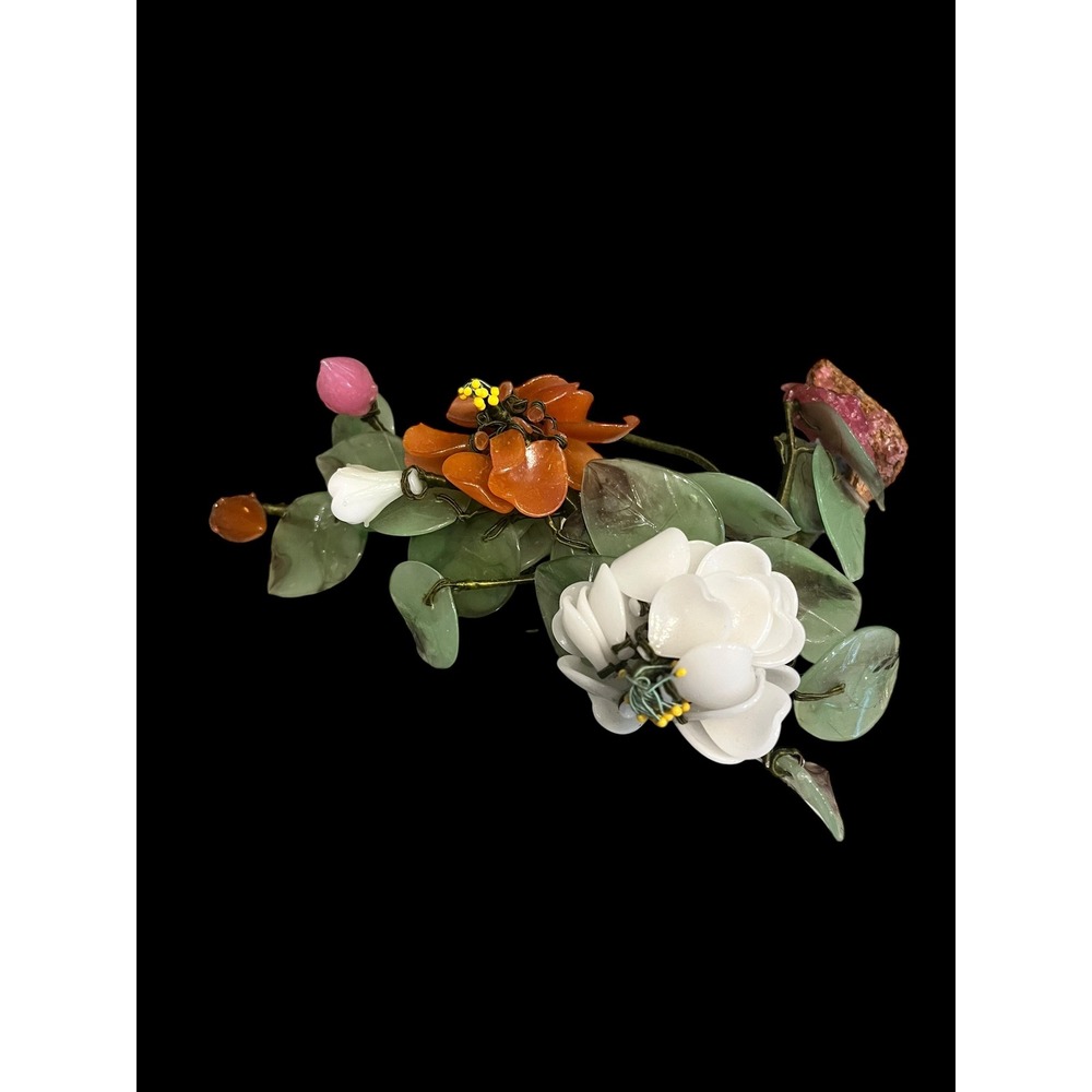 Vintage Chinese Jade Glass Bonsai Tree Flower Branch White Orange Pink Floral
